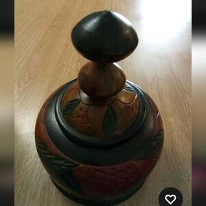 Unique Vintage Hand Carved Wooden Bowl with Lid Floral